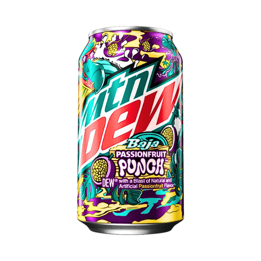 Mountain Dew: Baja Passionfruit Punch - 355ml. Inside a purple can limited edition flavor of punch mountain dew from the USA