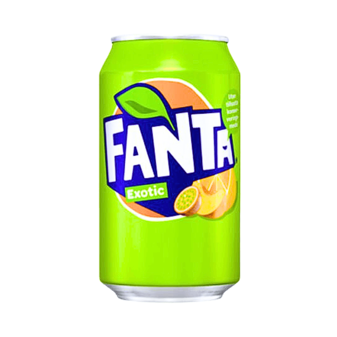 Fanta Exotic (Europe) 330ml. Denmark Fanta with passion fruit, citrus and peach 