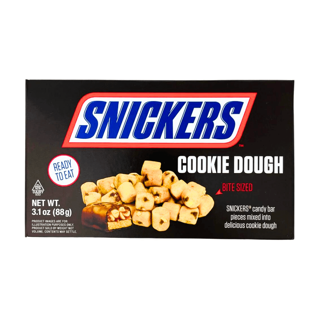 Snickers Cookie Dough Bites 88g box, snickers candy bar pieces mixed into cookie dough