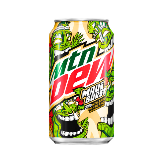 Mountain Dew Maui Burst, a 355ml USA soda beverage. Pineapple flavor