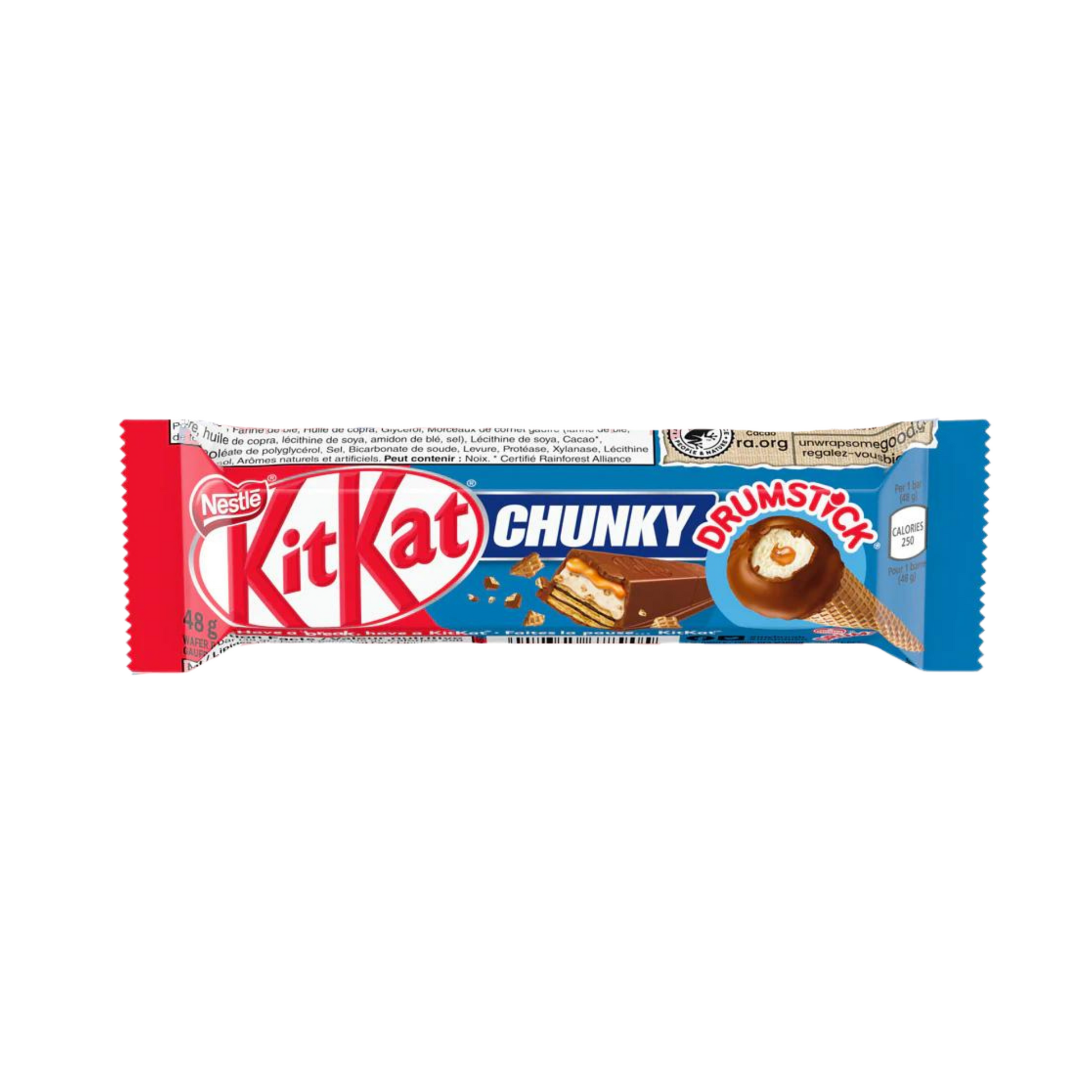 KitKat Chunky Drumstick (CA) 48g Red and blue packaging made in canada and made with 100% cocoa