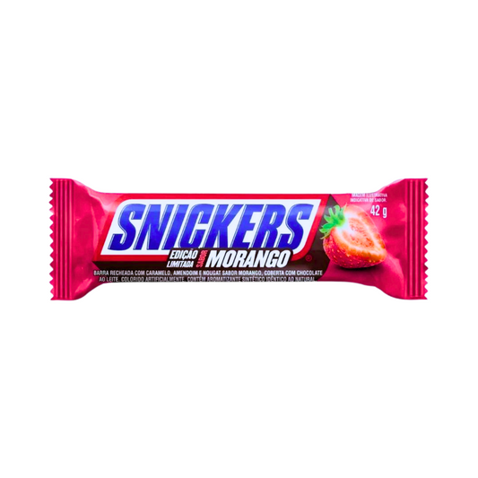 Snickers Strawberry/Morango from Brazil. 42g Package Snickers bar with caramel, peanuts, and strawberry nougat filling