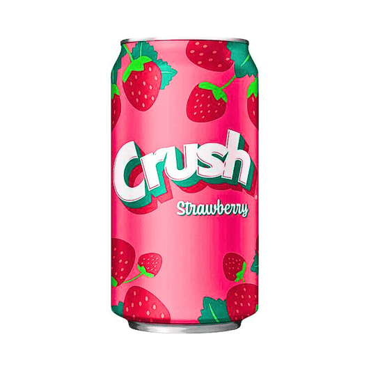 Crush Strawberry 355ml in a metal can. Fizzy, sweet and strawberry fruit carbonated beverage from Crush in the US