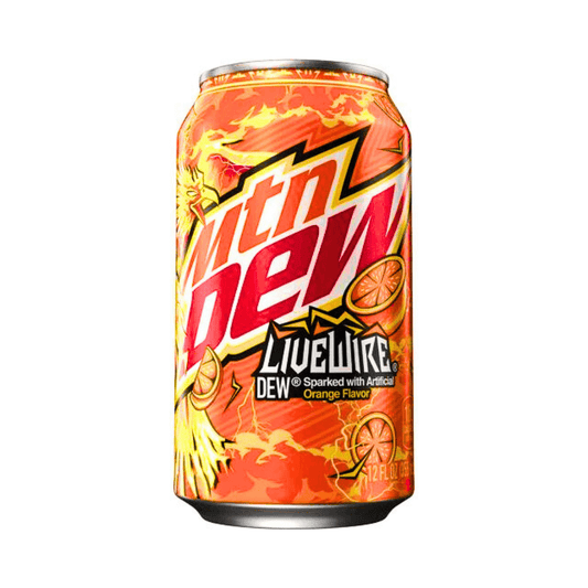 Mountain Dew: LiveWire Orange - 355ml. Orange flavored mountain dew, tangy, orange and crisp