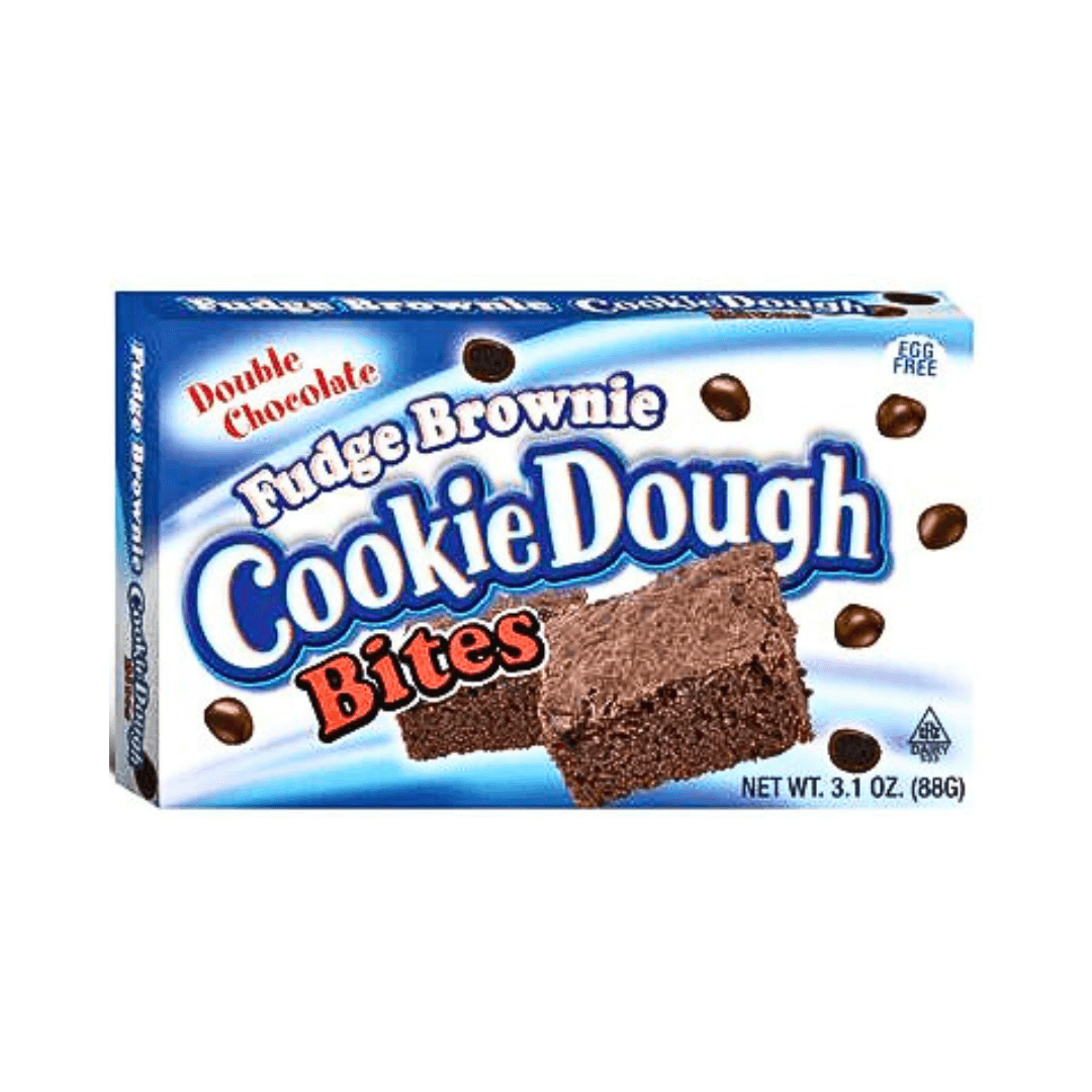 Cookie Dough Bites: Fudge Bites in a 88g theatre box, enjoy fudge taste mixed with bite sized cookie dough pieces