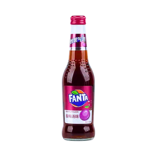 Fanta Sour Plum from China in a 275ml glass bottle. Purple coloured drink