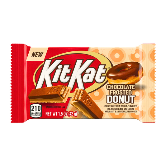 42 g Sized Kitkat Bar Flavored Chocolate frosted Donut, Crispy wafers in donut flavored milk chocolate and crème. Wrapped in a Red and Brown packaging