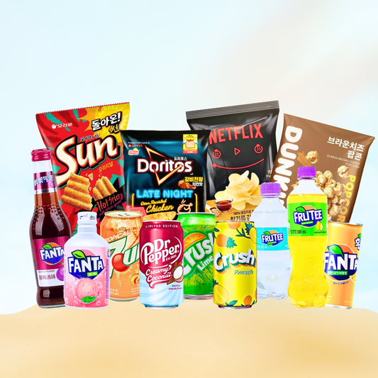 Summer Snack Box filled with a range of different exotic chips and drinks perfect for summere events